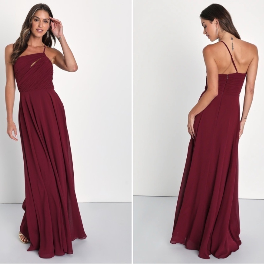 Lulu's Burgundy One-Shoulder Chiffon Maxi Dress